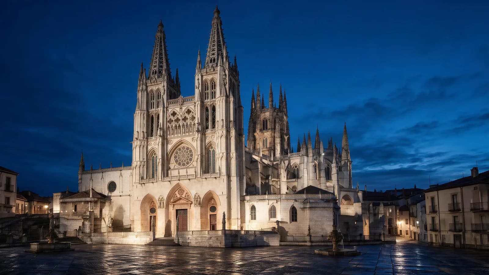 Catedral de Santa María de Burgos al anochecer, con las agujas caladas iluminadas