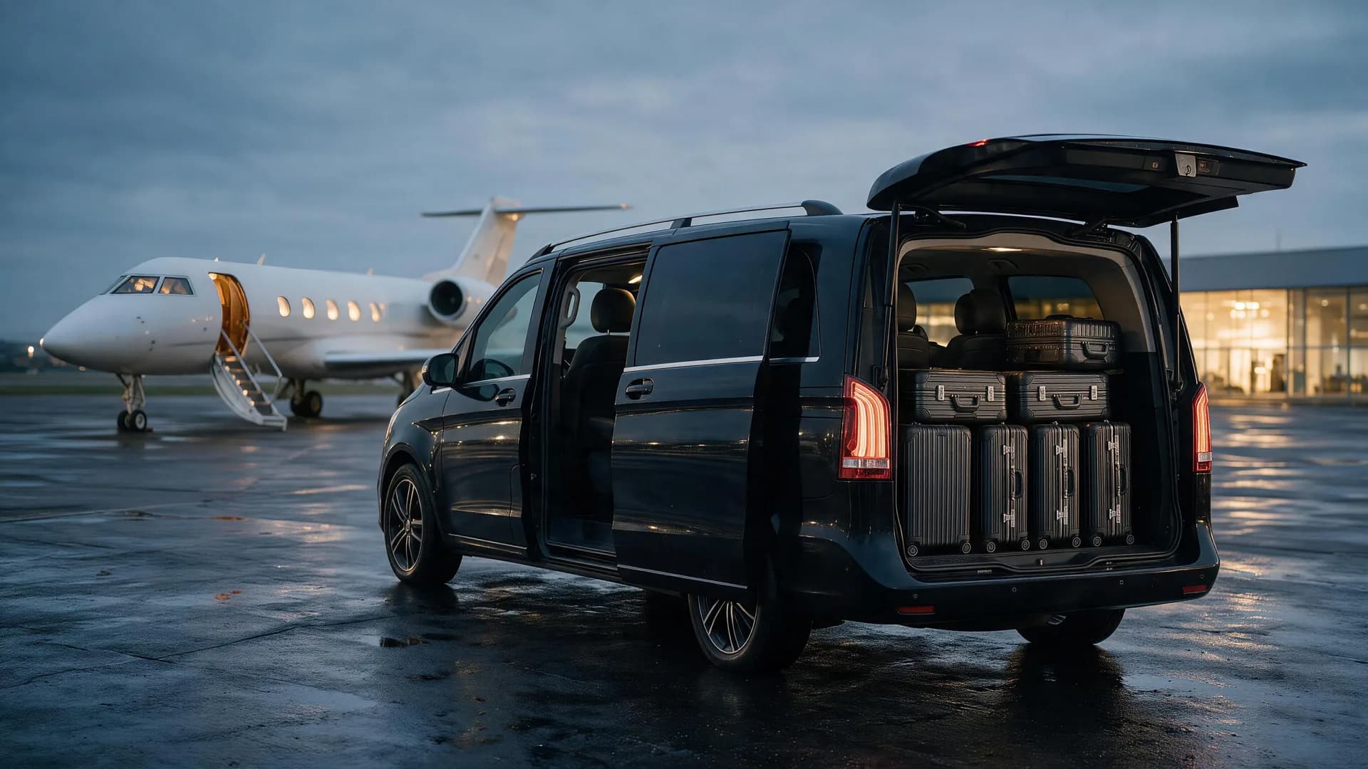 Mercedes V-Class with luggage loaded beside a private jet on the apron