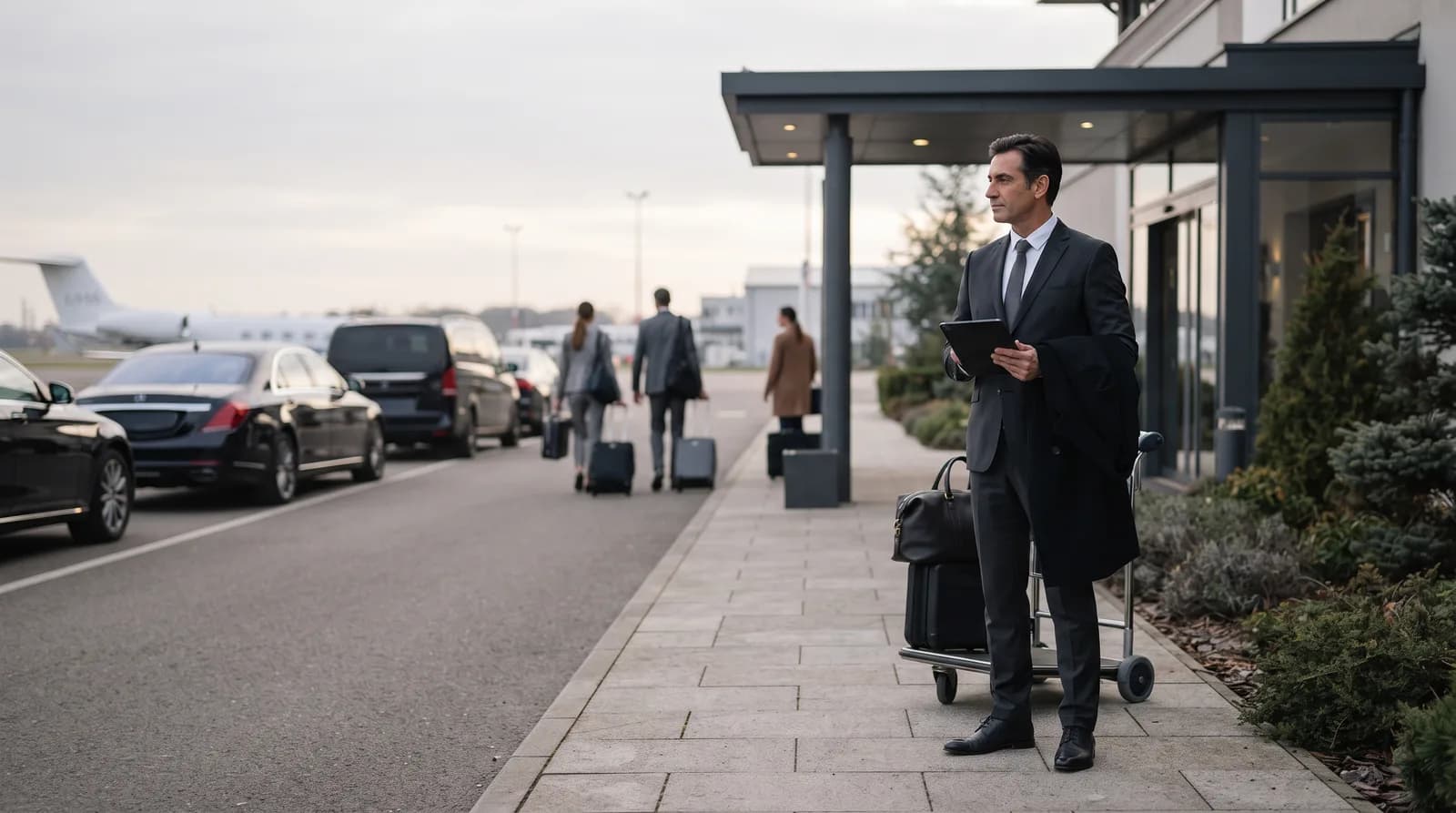 Chófer profesional esperando en la terminal ejecutiva del aeropuerto Adolfo Suárez con un cartel de recepción