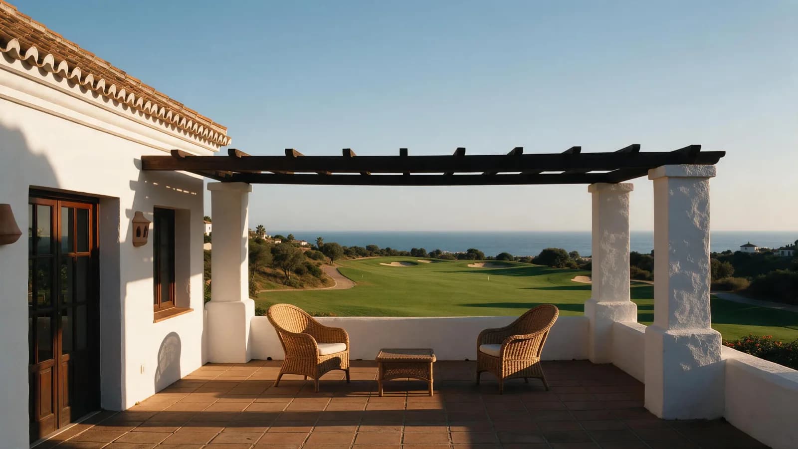 Terraza de una casa club andaluza al final de la tarde, con el campo y el mar al fondo