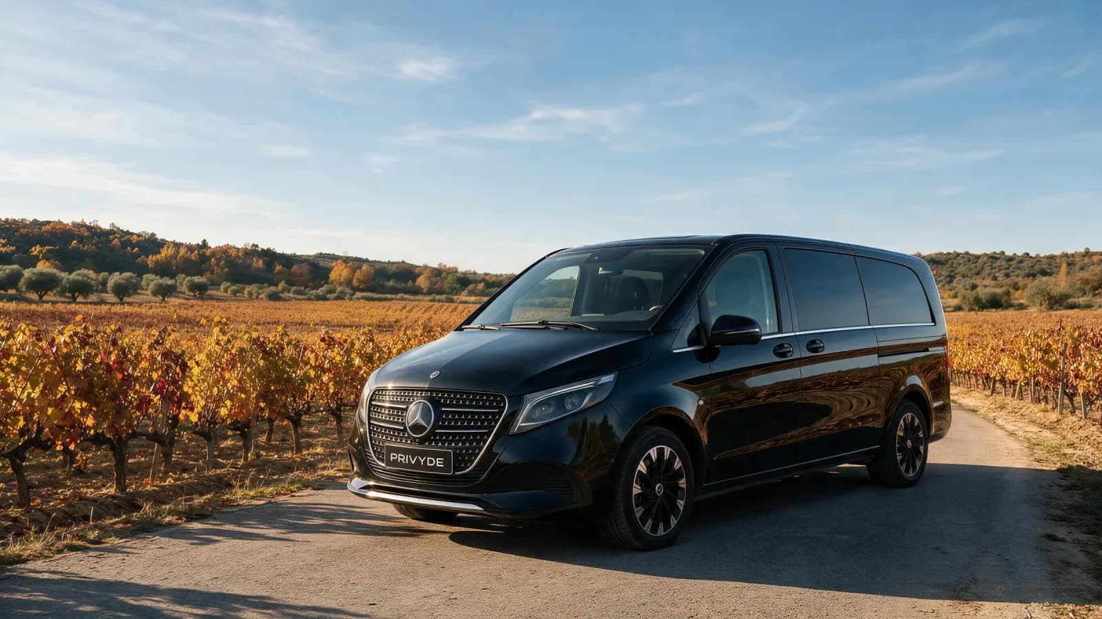Mercedes-Benz V300 Atelier en un camino entre viñedos de la Ribera del Duero