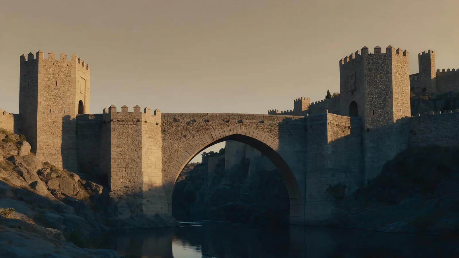 Puente de San Martín sobre el Tajo, en Toledo, al atardecer
