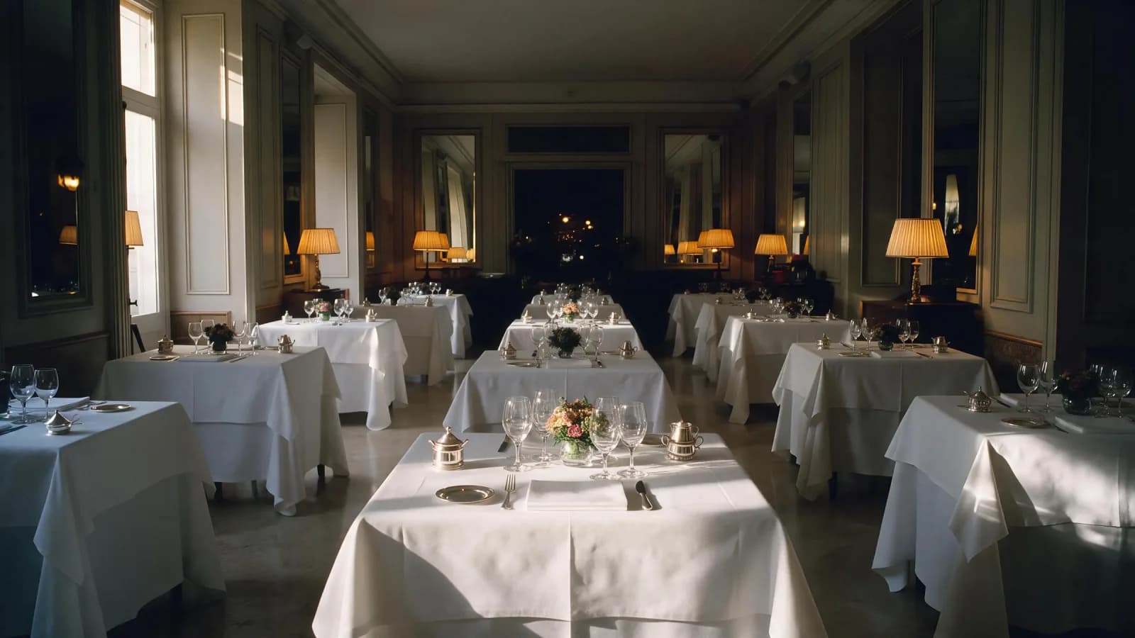 Comedor de un restaurante clásico de Madrid preparado antes del servicio